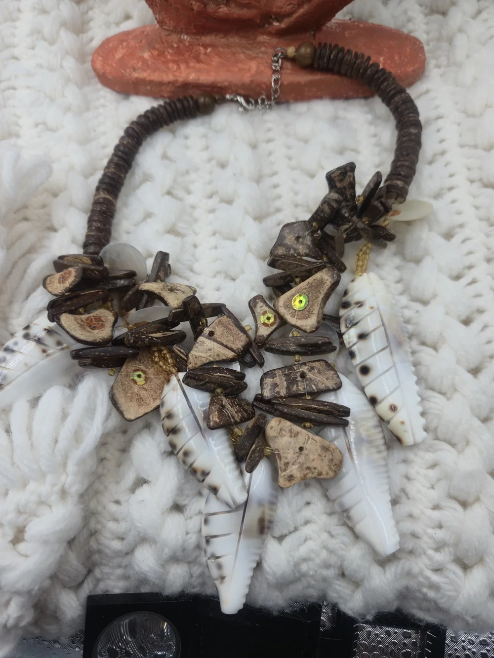 Boho Shell & Wood Statement Necklace in Natural Brown and Iridescent Blue